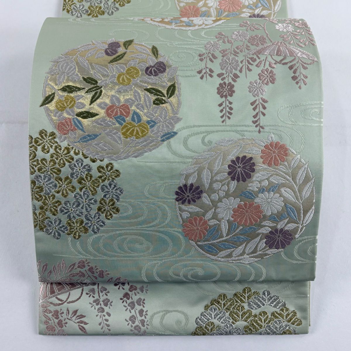 【美品】 袋帶 名品級 花丸紋 橘色 唐織 金金箔 淺綠 六通 純蠶絲