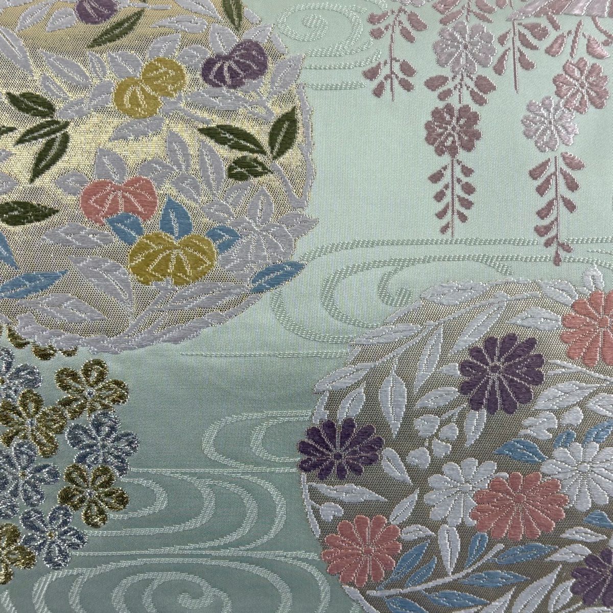 【美品】 袋帶 名品級 花丸紋 橘色 唐織 金金箔 淺綠 六通 純蠶絲