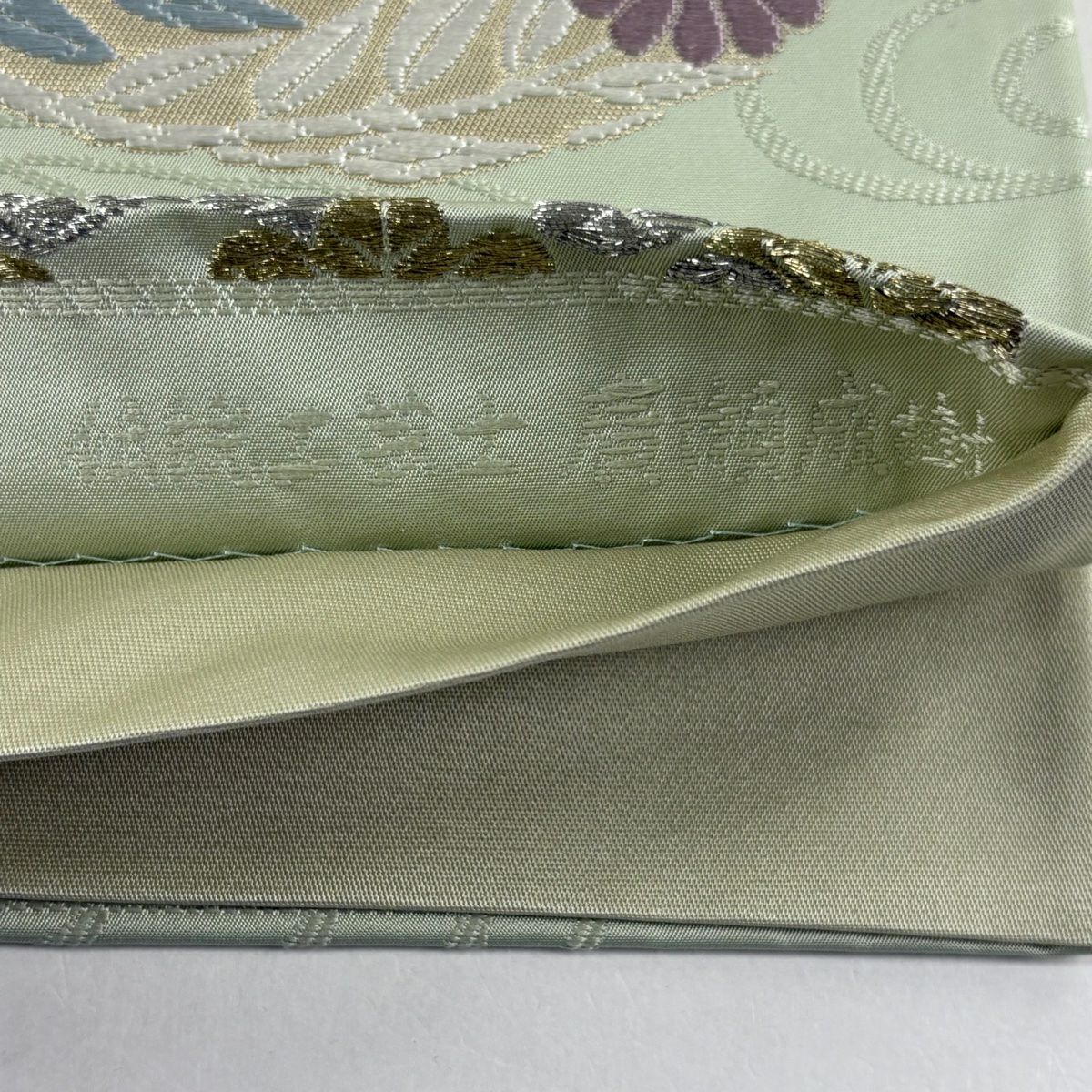 【美品】 袋帶 名品級 花丸紋 橘色 唐織 金金箔 淺綠 六通 純蠶絲