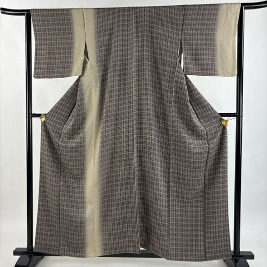 【美品】 付下 身長158.5cm 袖長64cm M 雙層 格子 地紋 漸層 茶 純蠶絲 名品級