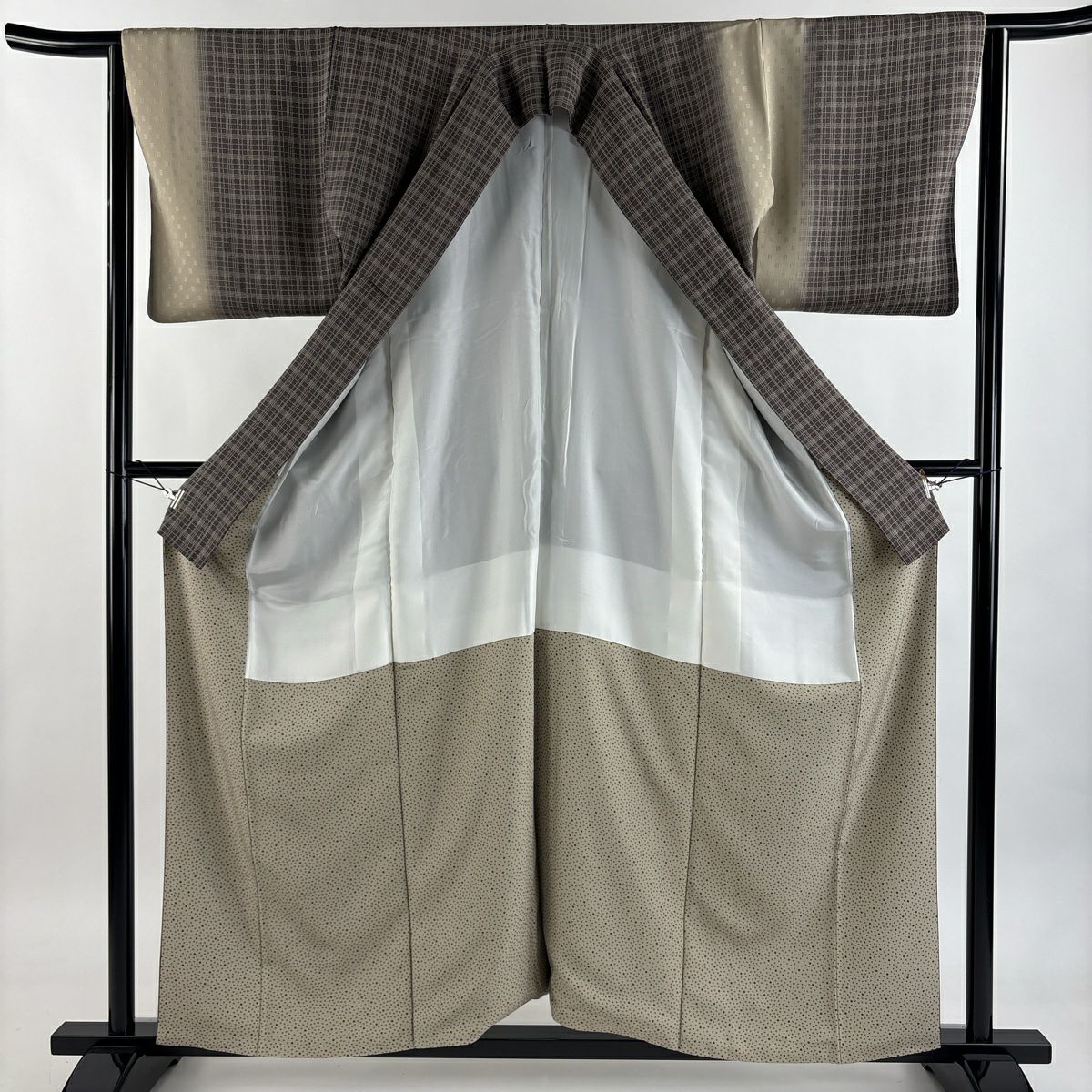 【美品】 付下 身長158.5cm 袖長64cm M 雙層 格子 地紋 漸層 茶 純蠶絲 名品級