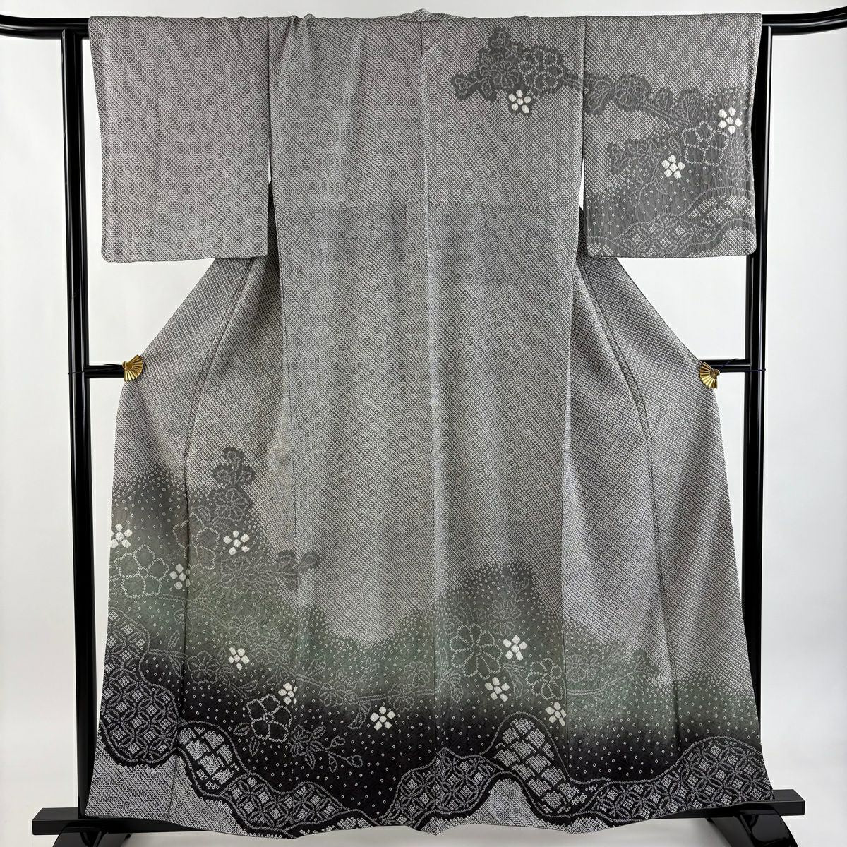 訪問服 身長158.5cm 袖長65cm M 雙層 枝花 七寶紋 總絞染 漸層 灰色 純蠶絲 名品級