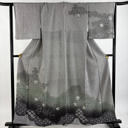 訪問服 身長158.5cm 袖長65cm M 雙層 枝花 七寶紋 總絞染 漸層 灰色 純蠶絲 名品級
