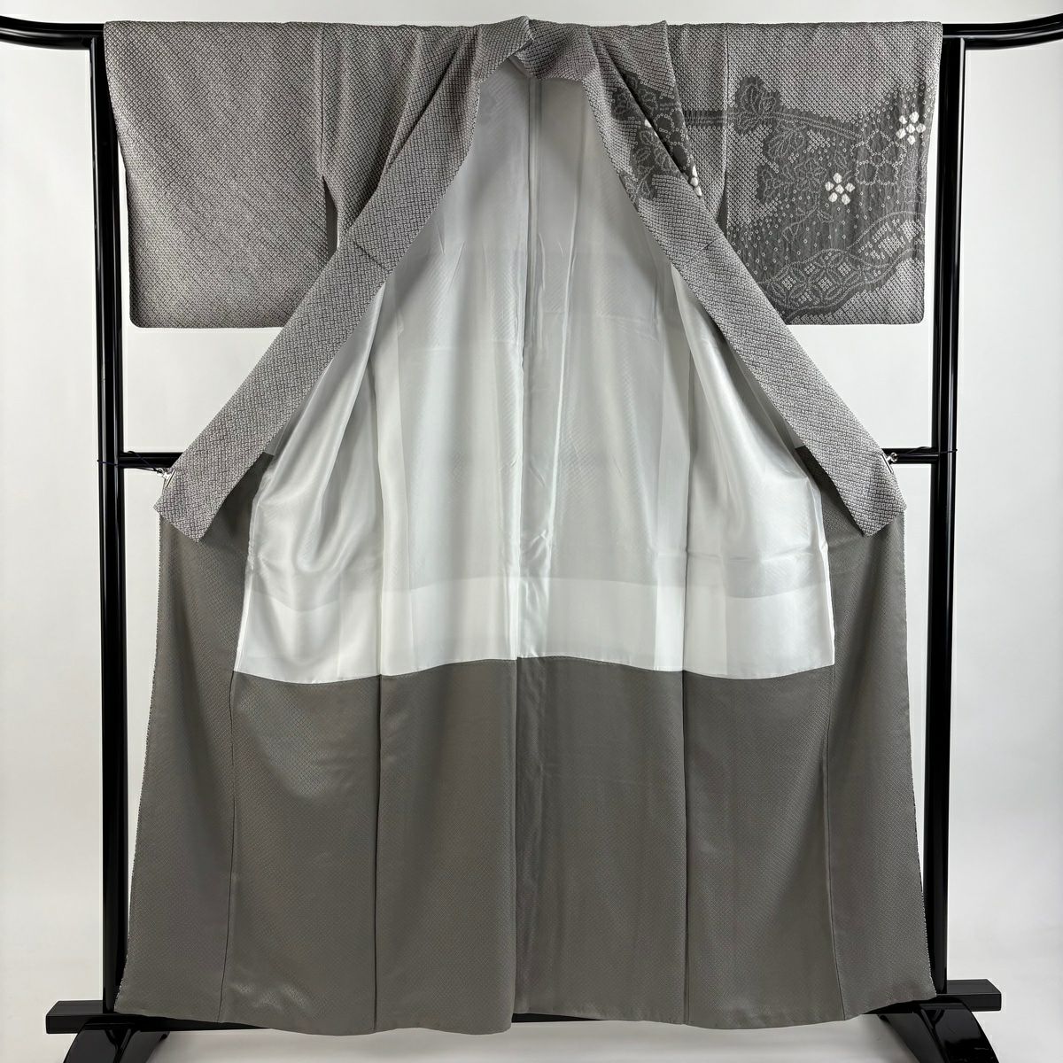 訪問服 身長158.5cm 袖長65cm M 雙層 枝花 七寶紋 總絞染 漸層 灰色 純蠶絲 名品級