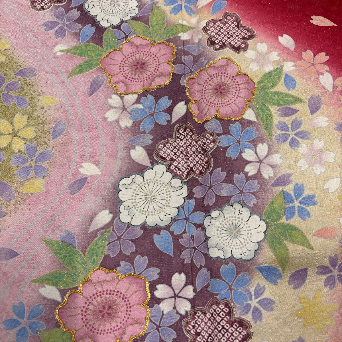 振袖禮服 身長165.5cm 袖長66.5cm M 雙層 辻花染 樱 銀通 金銀彩 紅 純蠶絲 名品級