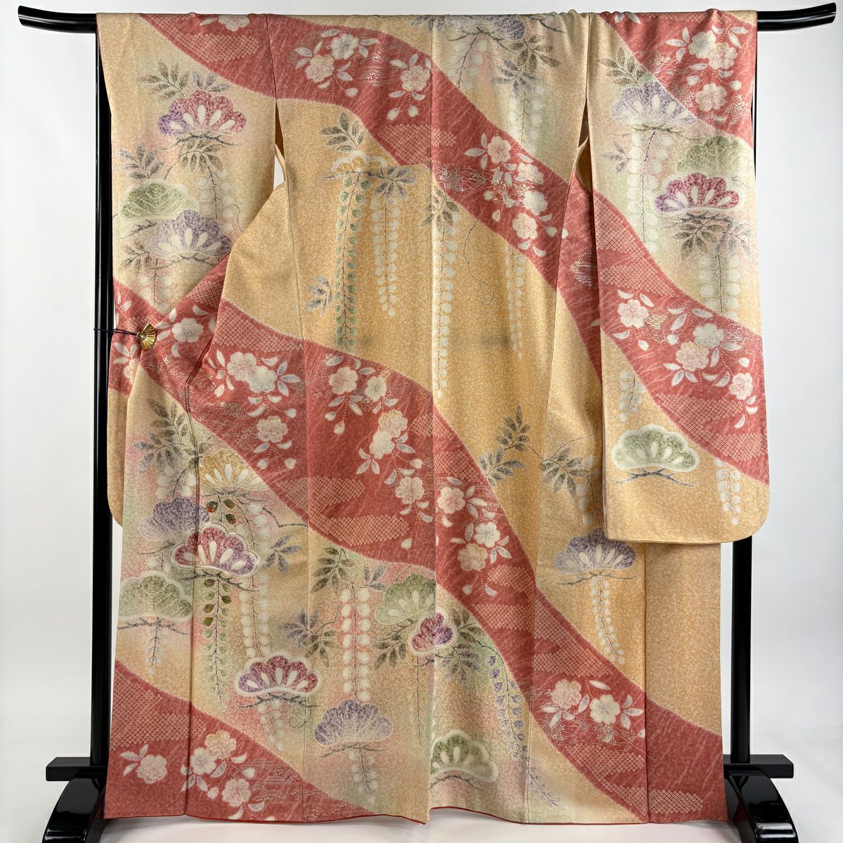 振袖禮服 身長167cm 袖長68.5cm L 雙層 笠松樹 櫻花 螺鈿 金通 薄橙 純蠶絲 名品級