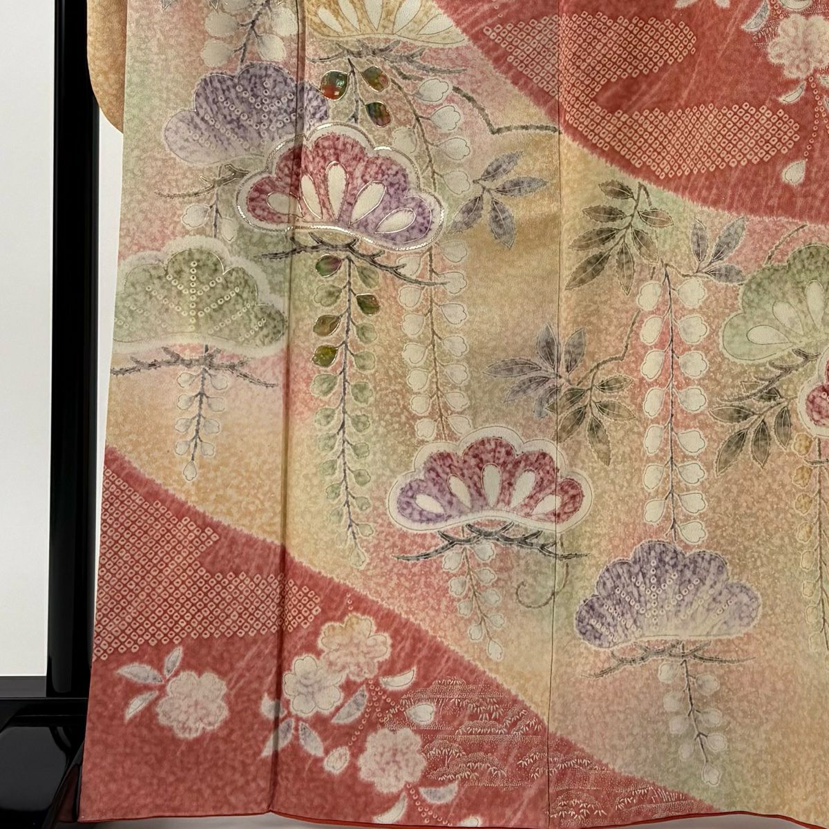 振袖禮服 身長167cm 袖長68.5cm L 雙層 笠松樹 櫻花 螺鈿 金通 薄橙 純蠶絲 名品級