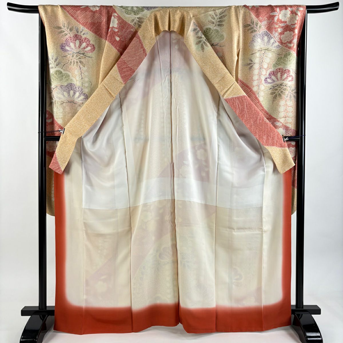振袖禮服 身長167cm 袖長68.5cm L 雙層 笠松樹 櫻花 螺鈿 金通 薄橙 純蠶絲 名品級