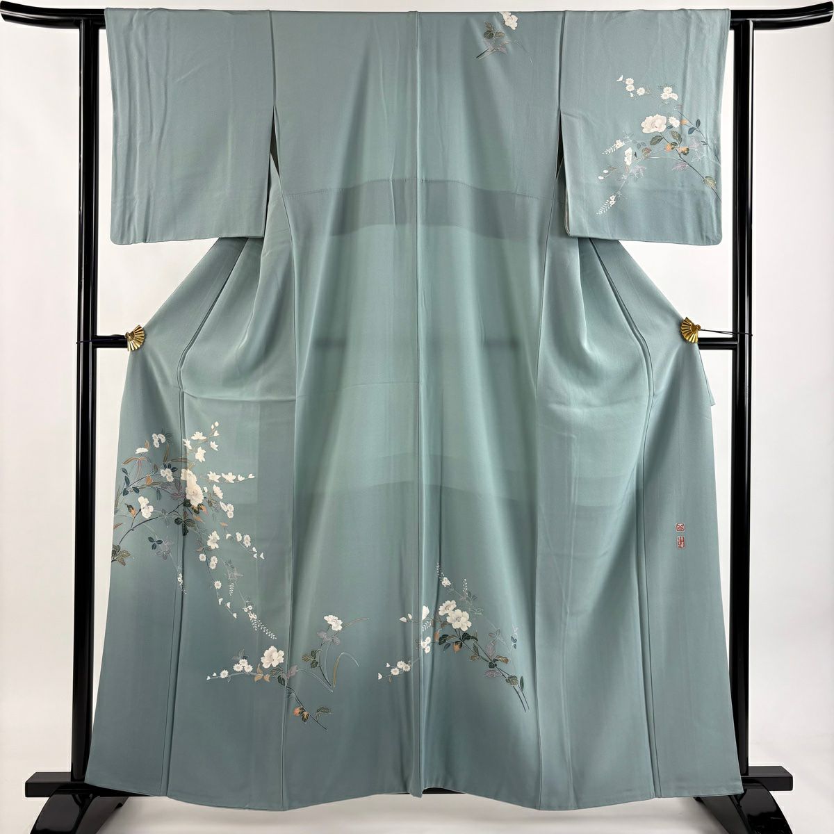 訪問服 身長160.5cm 袖長62.5cm S 雙層 百貫達雄 落款あり 枝花 菊花 漸層 灰綠 純蠶絲 名品級
