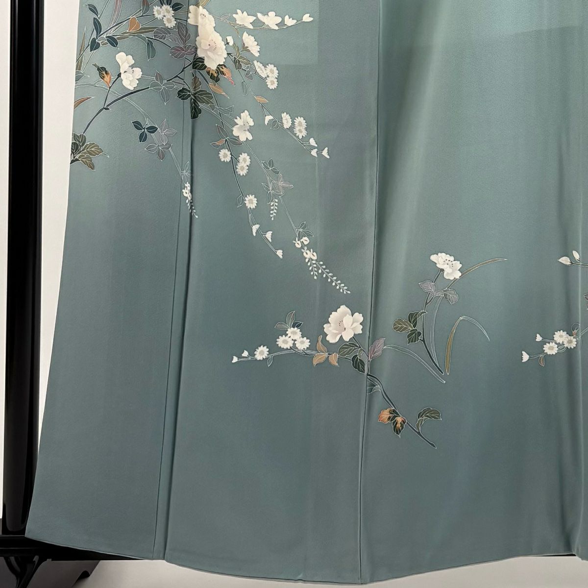 訪問服 身長160.5cm 袖長62.5cm S 雙層 百貫達雄 落款あり 枝花 菊花 漸層 灰綠 純蠶絲 名品級