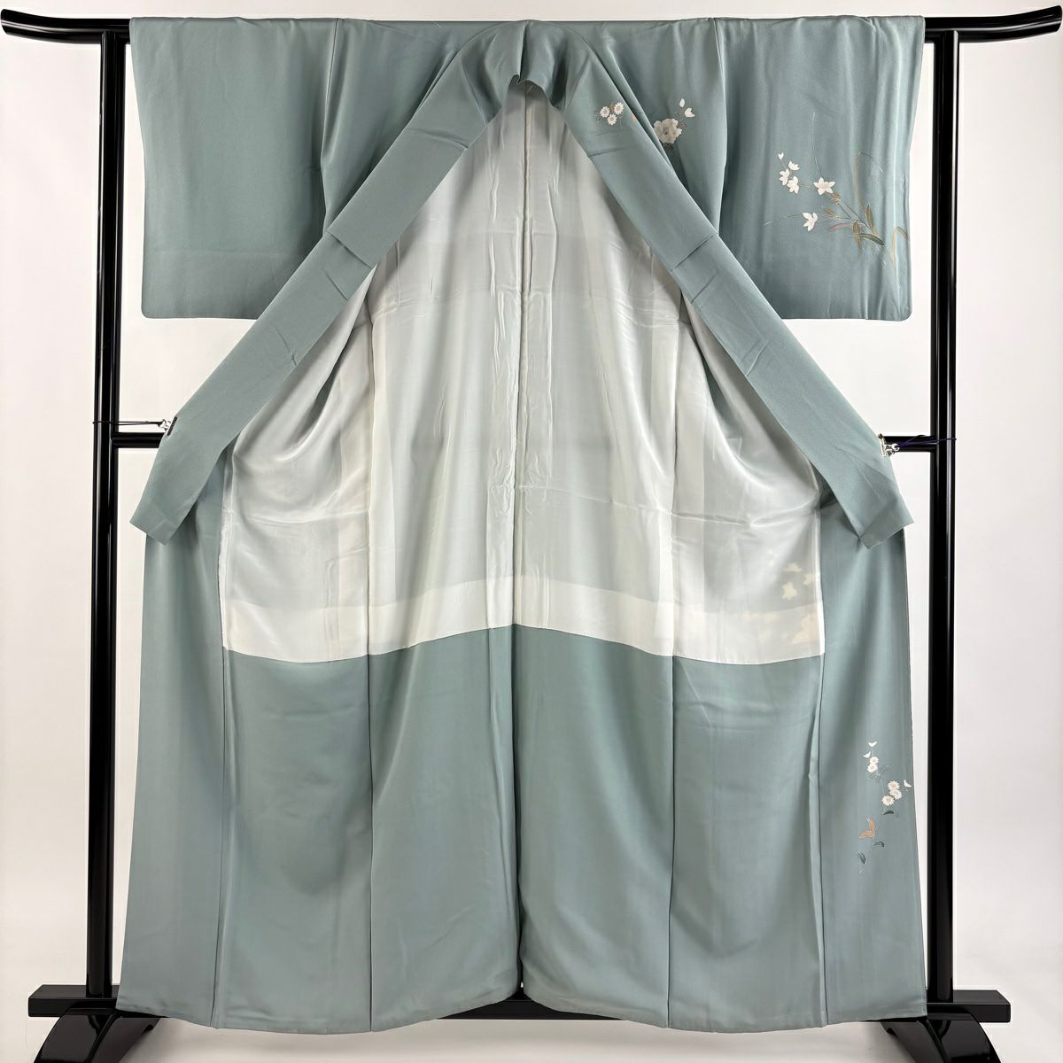 訪問服 身長160.5cm 袖長62.5cm S 雙層 百貫達雄 落款あり 枝花 菊花 漸層 灰綠 純蠶絲 名品級