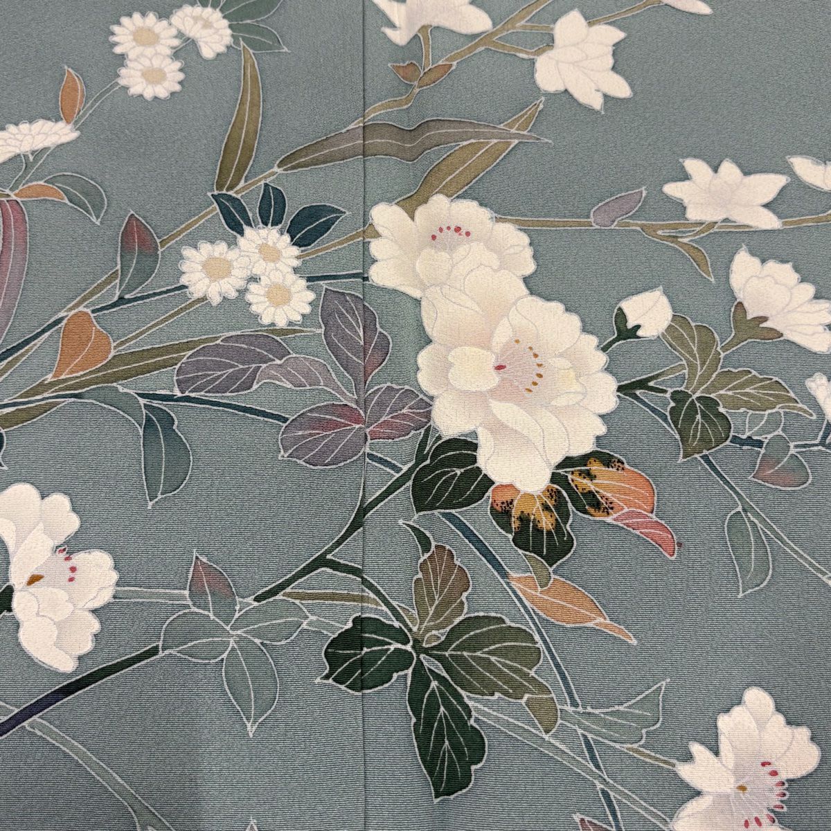 訪問服 身長160.5cm 袖長62.5cm S 雙層 百貫達雄 落款あり 枝花 菊花 漸層 灰綠 純蠶絲 名品級