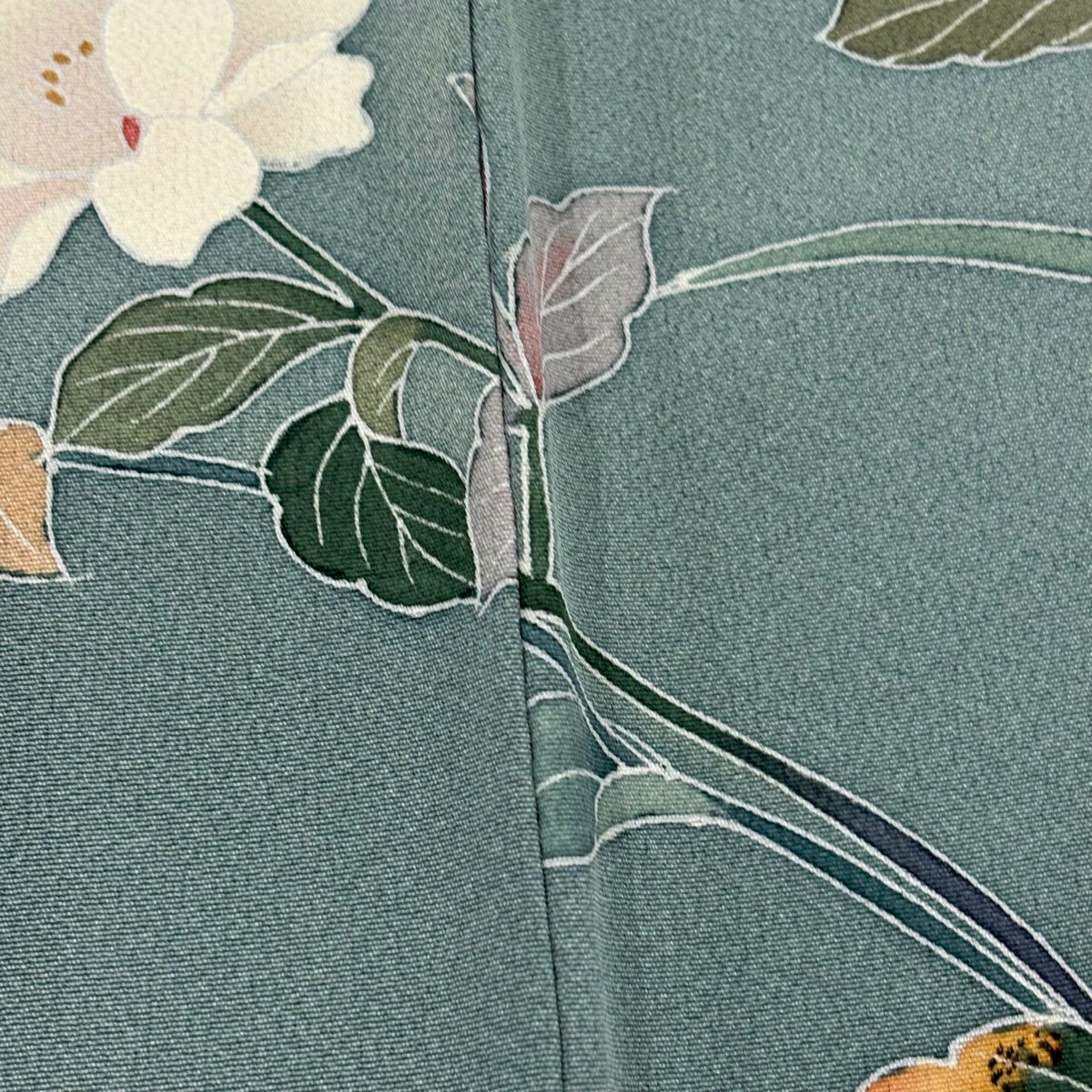訪問服 身長160.5cm 袖長62.5cm S 雙層 百貫達雄 落款あり 枝花 菊花 漸層 灰綠 純蠶絲 名品級