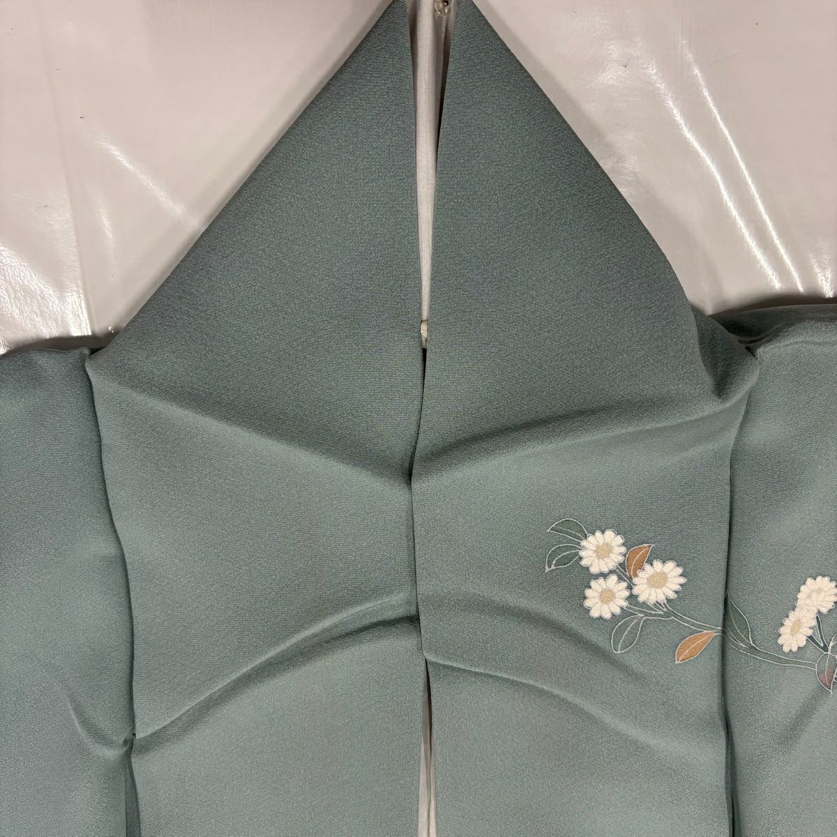 訪問服 身長160.5cm 袖長62.5cm S 雙層 百貫達雄 落款あり 枝花 菊花 漸層 灰綠 純蠶絲 名品級