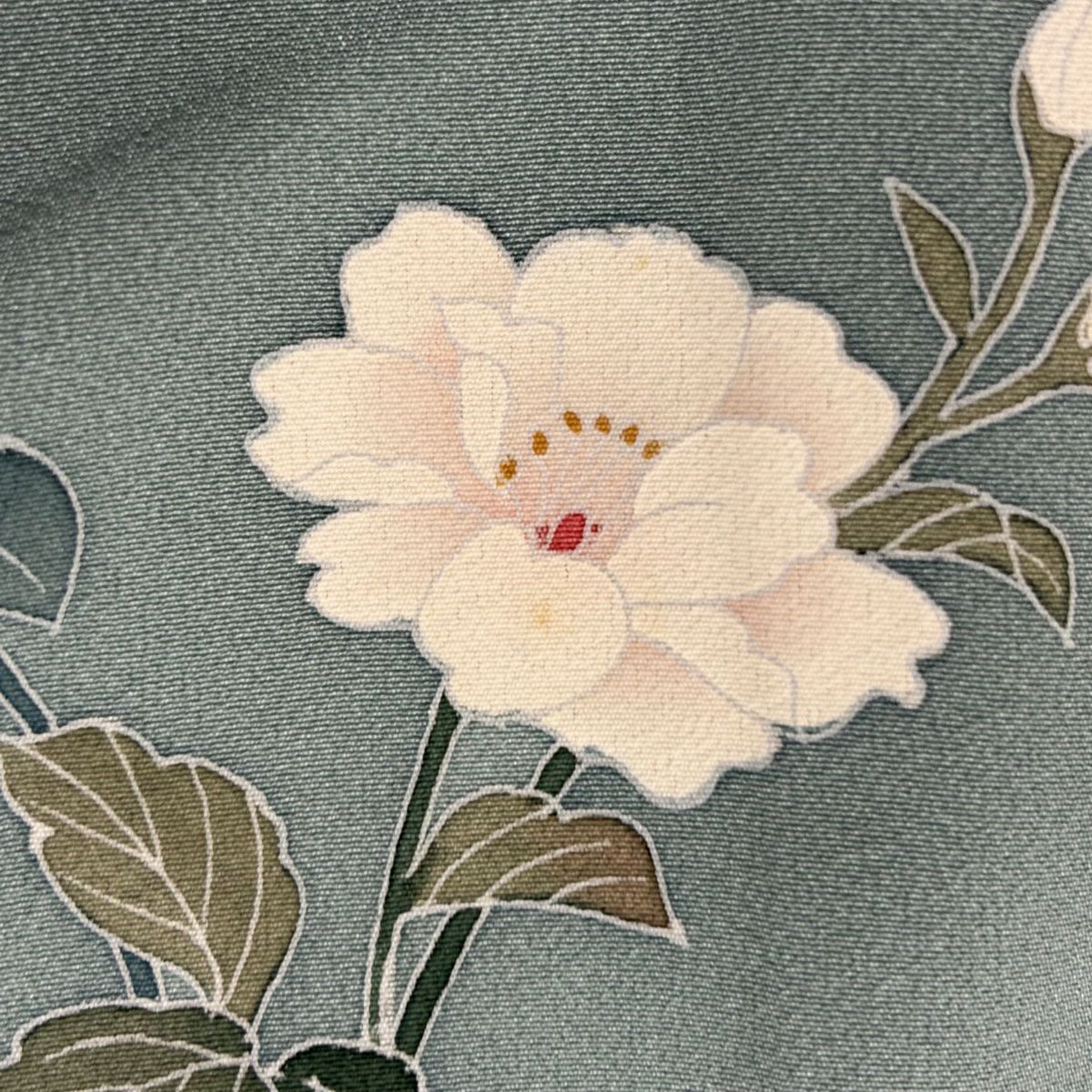 訪問服 身長160.5cm 袖長62.5cm S 雙層 百貫達雄 落款あり 枝花 菊花 漸層 灰綠 純蠶絲 名品級
