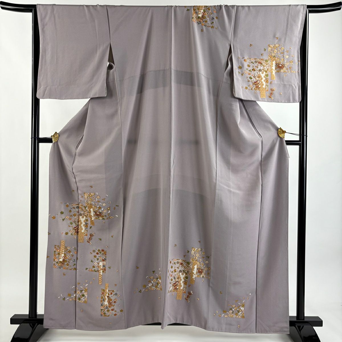 付下 身長161.5cm 袖長66.5cm M 雙層 草花紋紋 器物刺繡 金線 淺紫 純蠶絲 名品級