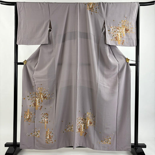 付下 身長161.5cm 袖長66.5cm M 雙層 草花紋紋 器物刺繡 金線 淺紫 純蠶絲 名品級