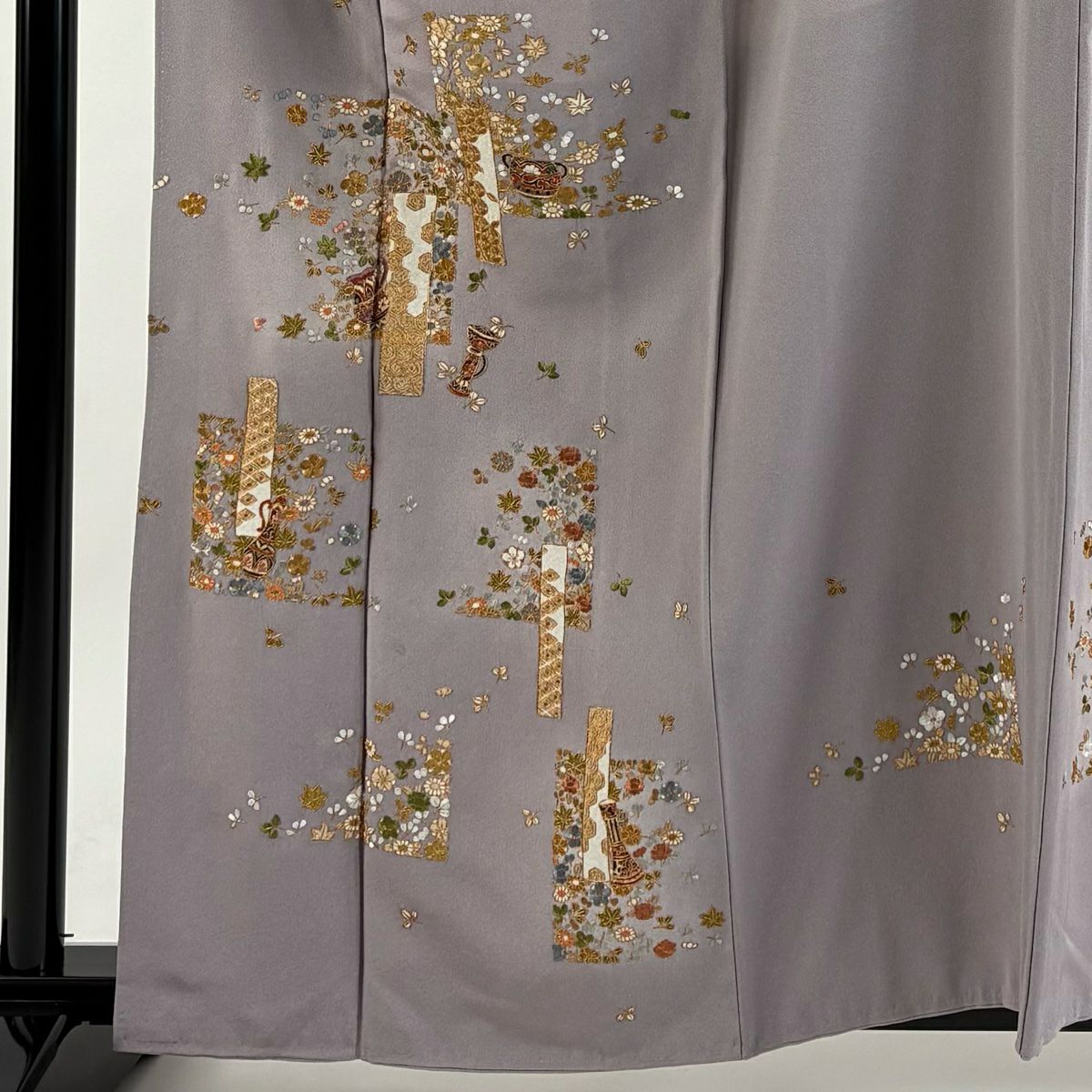 付下 身長161.5cm 袖長66.5cm M 雙層 草花紋紋 器物刺繡 金線 淺紫 純蠶絲 名品級