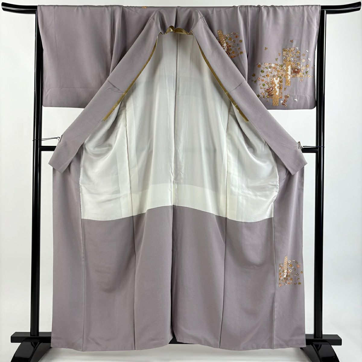 付下 身長161.5cm 袖長66.5cm M 雙層 草花紋紋 器物刺繡 金線 淺紫 純蠶絲 名品級