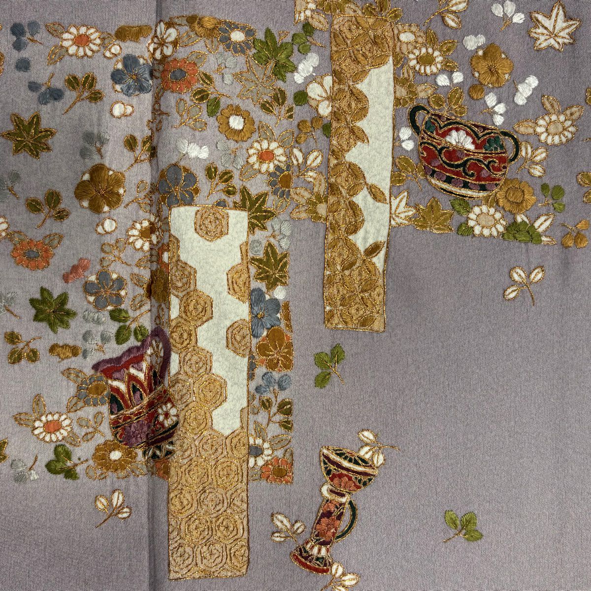 付下 身長161.5cm 袖長66.5cm M 雙層 草花紋紋 器物刺繡 金線 淺紫 純蠶絲 名品級