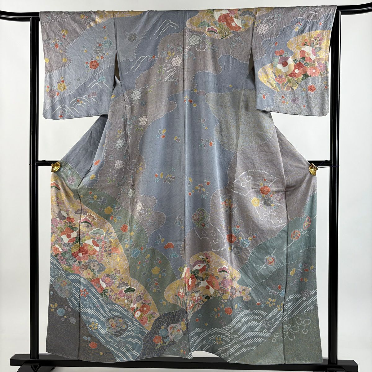 訪問服 身長156cm 袖長64cm M 雙層 草花紋紋 波 金銀彩 青灰 純蠶絲 名品級