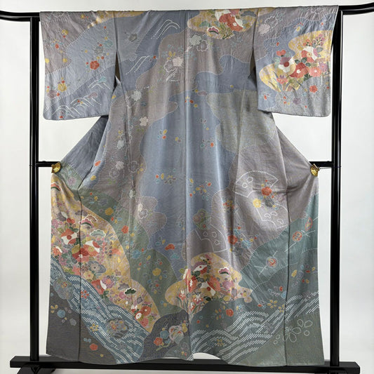 訪問服 身長156cm 袖長64cm M 雙層 草花紋紋 波 金銀彩 青灰 純蠶絲 名品級