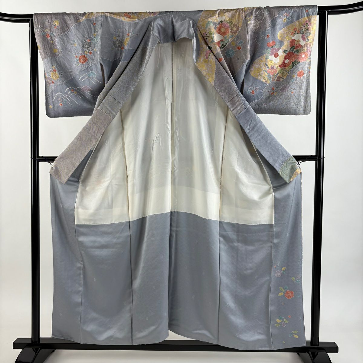訪問服 身長156cm 袖長64cm M 雙層 草花紋紋 波 金銀彩 青灰 純蠶絲 名品級