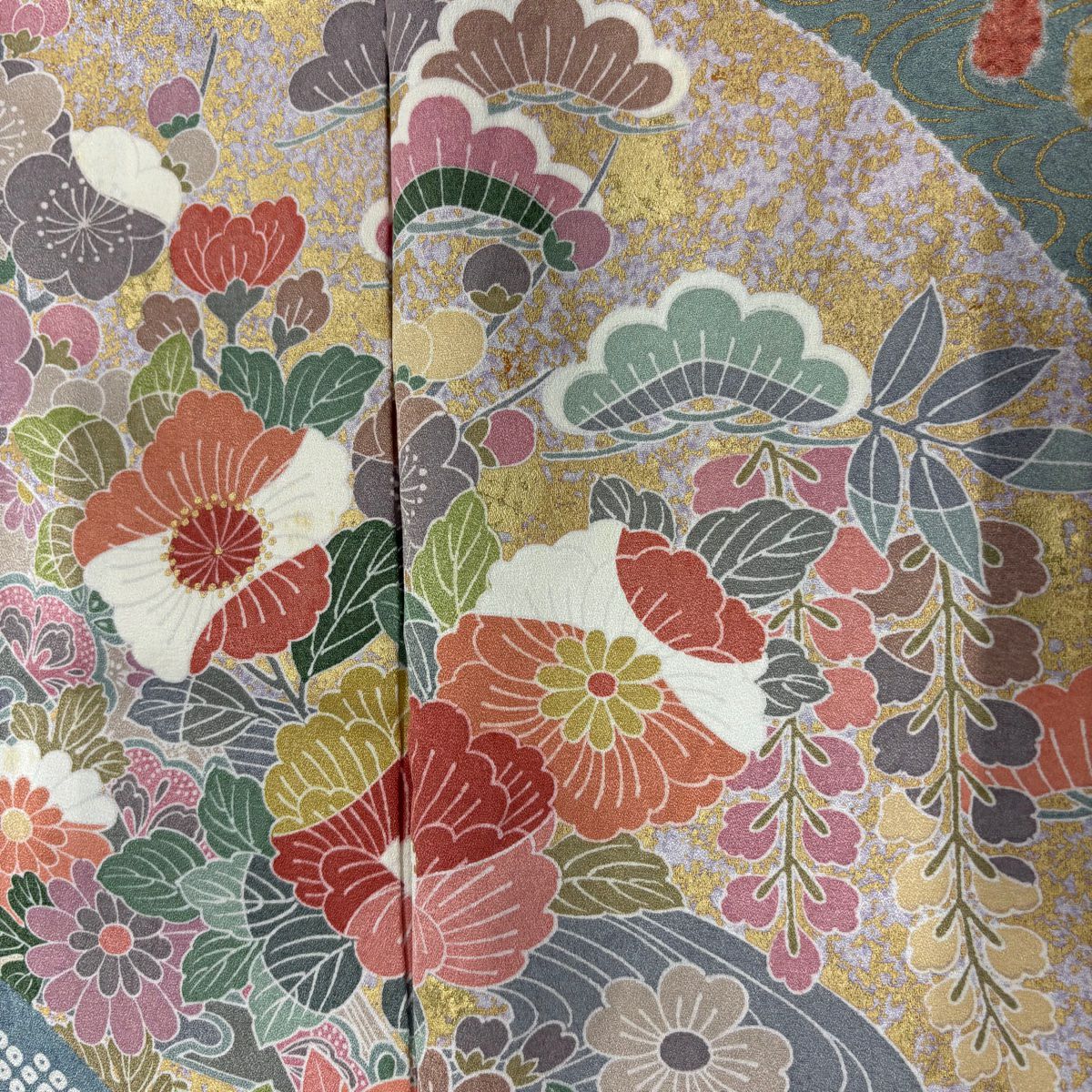 訪問服 身長156cm 袖長64cm M 雙層 草花紋紋 波 金銀彩 青灰 純蠶絲 名品級