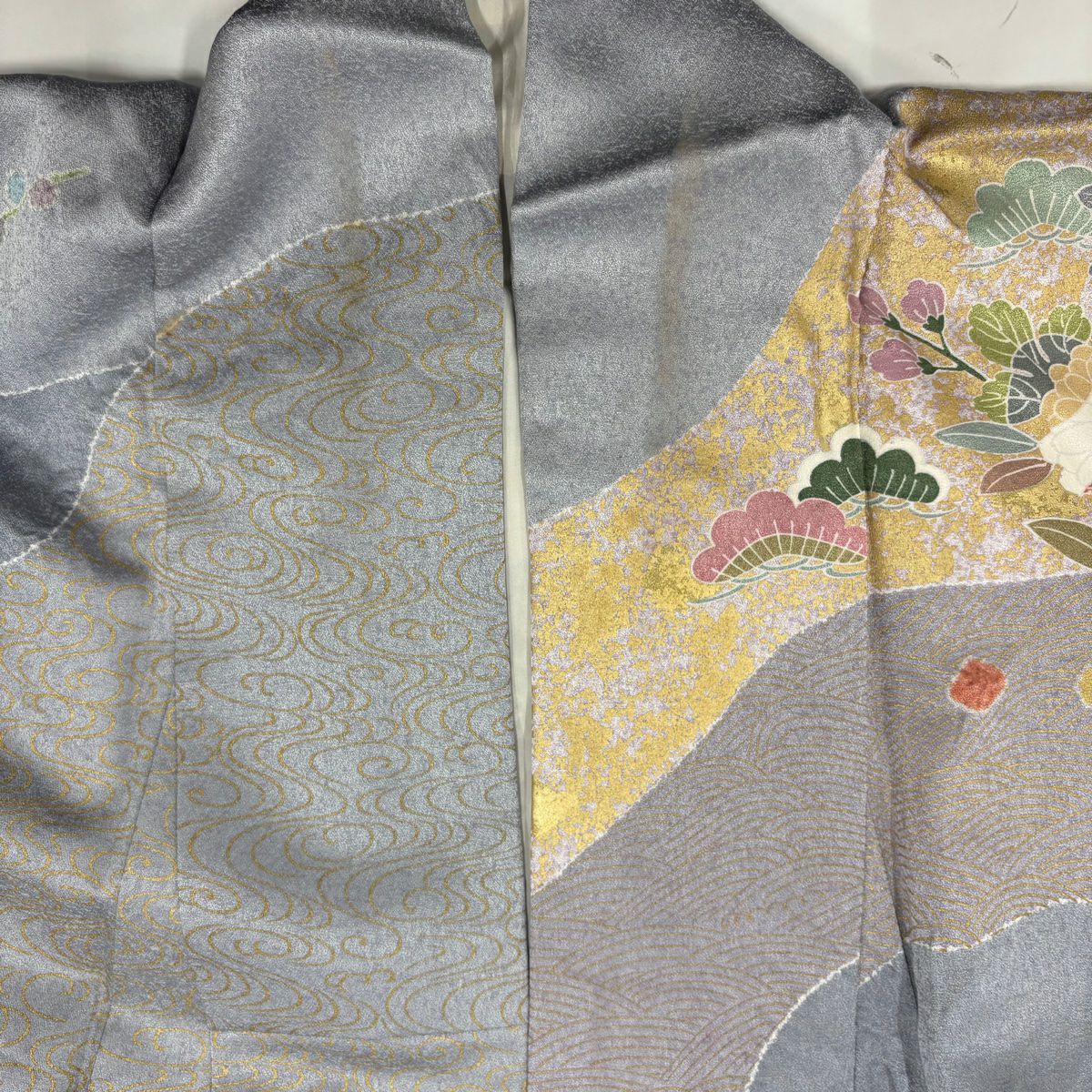 訪問服 身長156cm 袖長64cm M 雙層 草花紋紋 波 金銀彩 青灰 純蠶絲 名品級