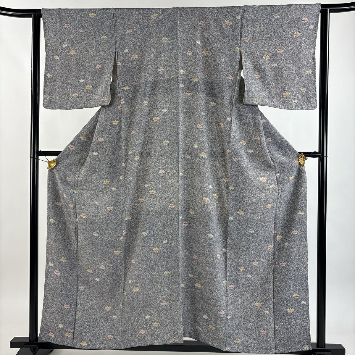 【美品】 小紋 身長158cm 袖長62.5cm S 雙層 落款あり 草花紋紋 灰紫 純蠶絲 名品級