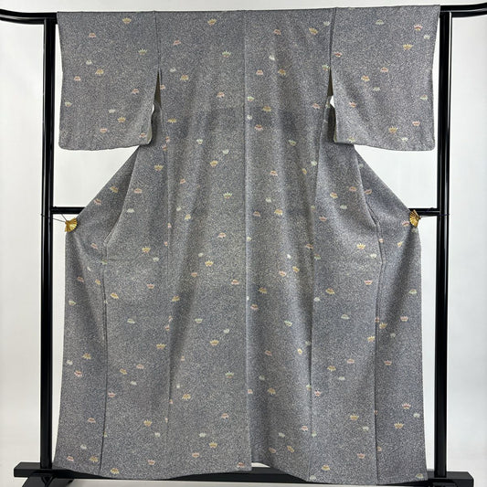 【美品】 小紋 身長158cm 袖長62.5cm S 雙層 落款あり 草花紋紋 灰紫 純蠶絲 名品級