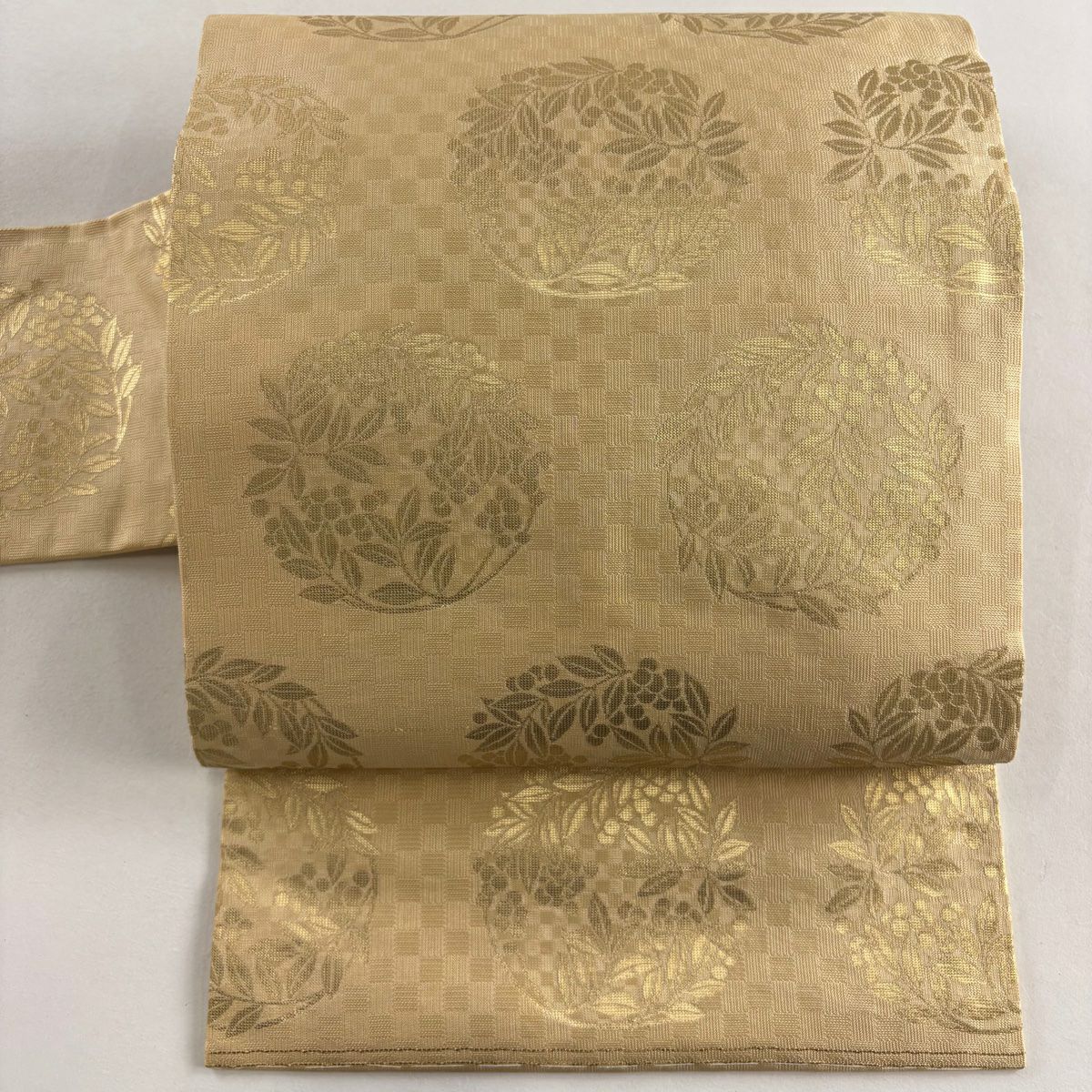 名古屋帶 秀品級 關西仕立 南天 圓文 金金箔 米色 純蠶絲