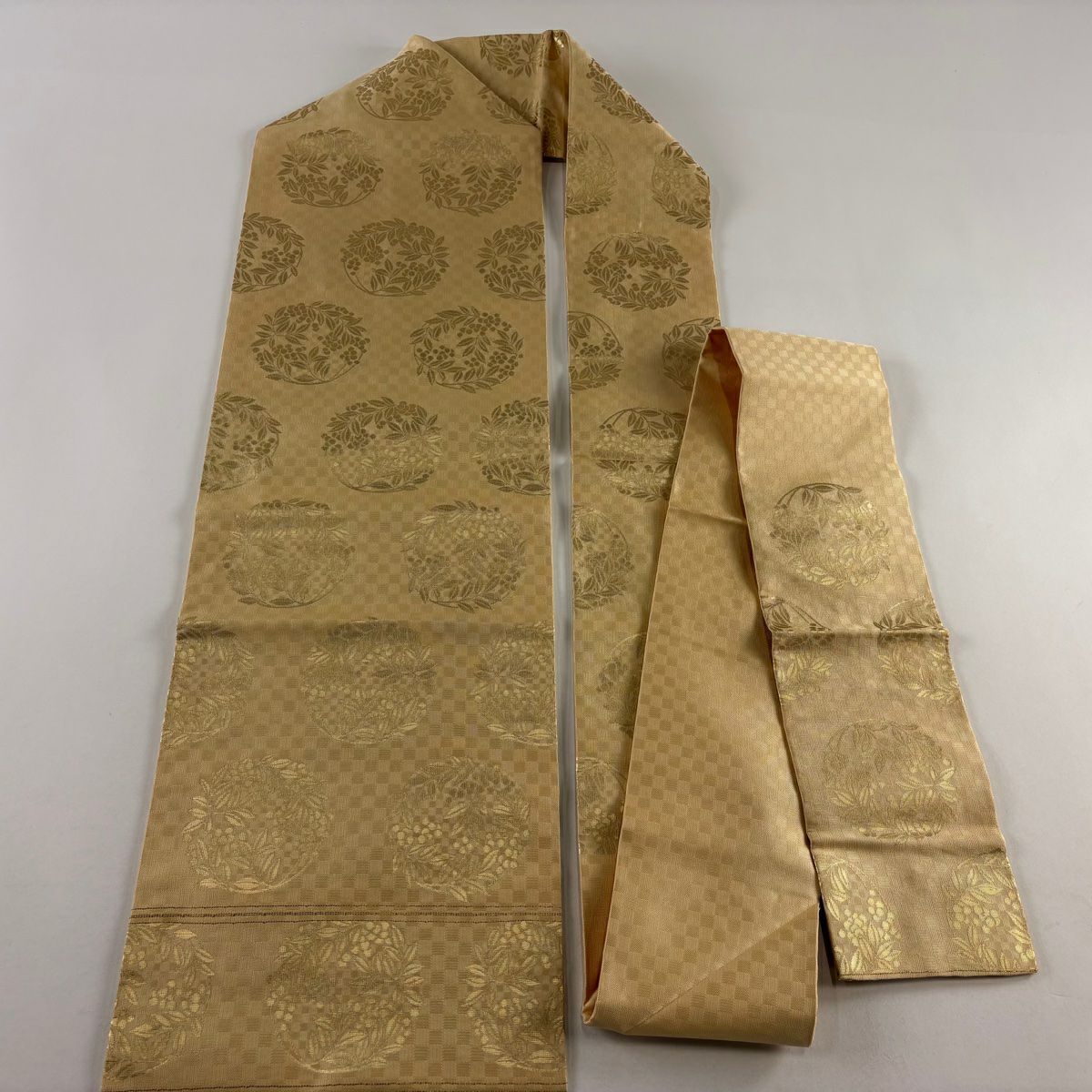 名古屋帶 秀品級 關西仕立 南天 圓文 金金箔 米色 純蠶絲