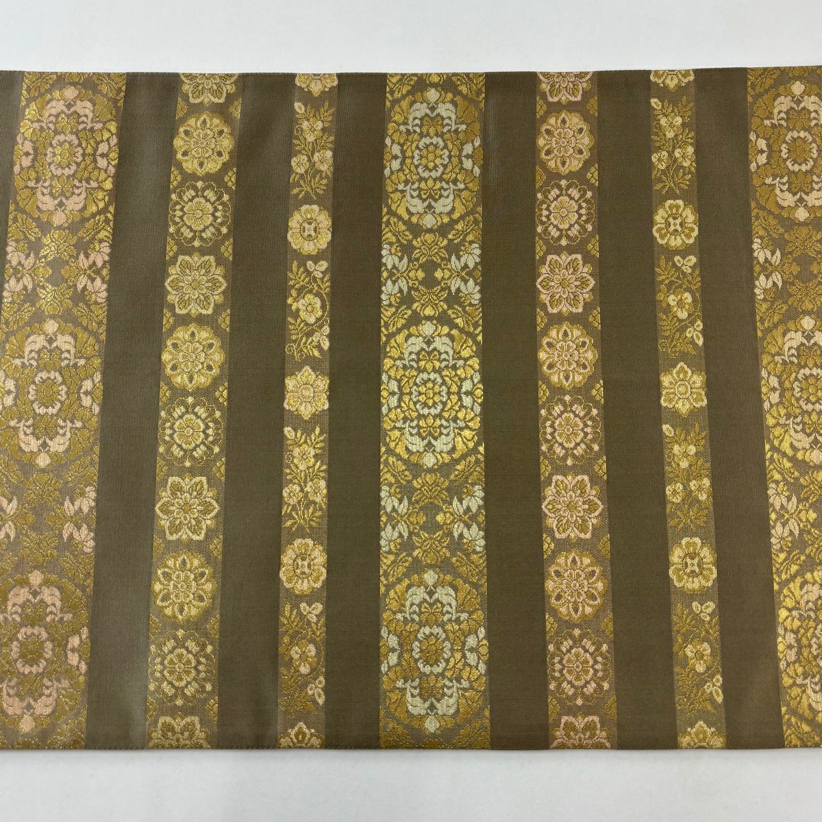 【美品】 袋帶 秀品級 華紋 段紋 金金箔 灰茶 お太鼓圖案 純蠶絲