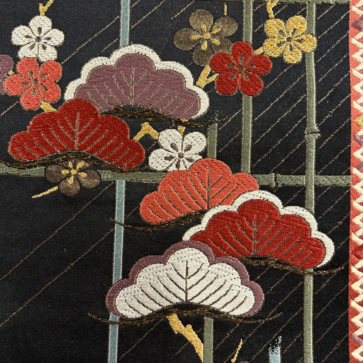 袋帶 秀品級 松樹竹子梅花 有職紋樣 唐織 金金箔 黑 六通 純蠶絲