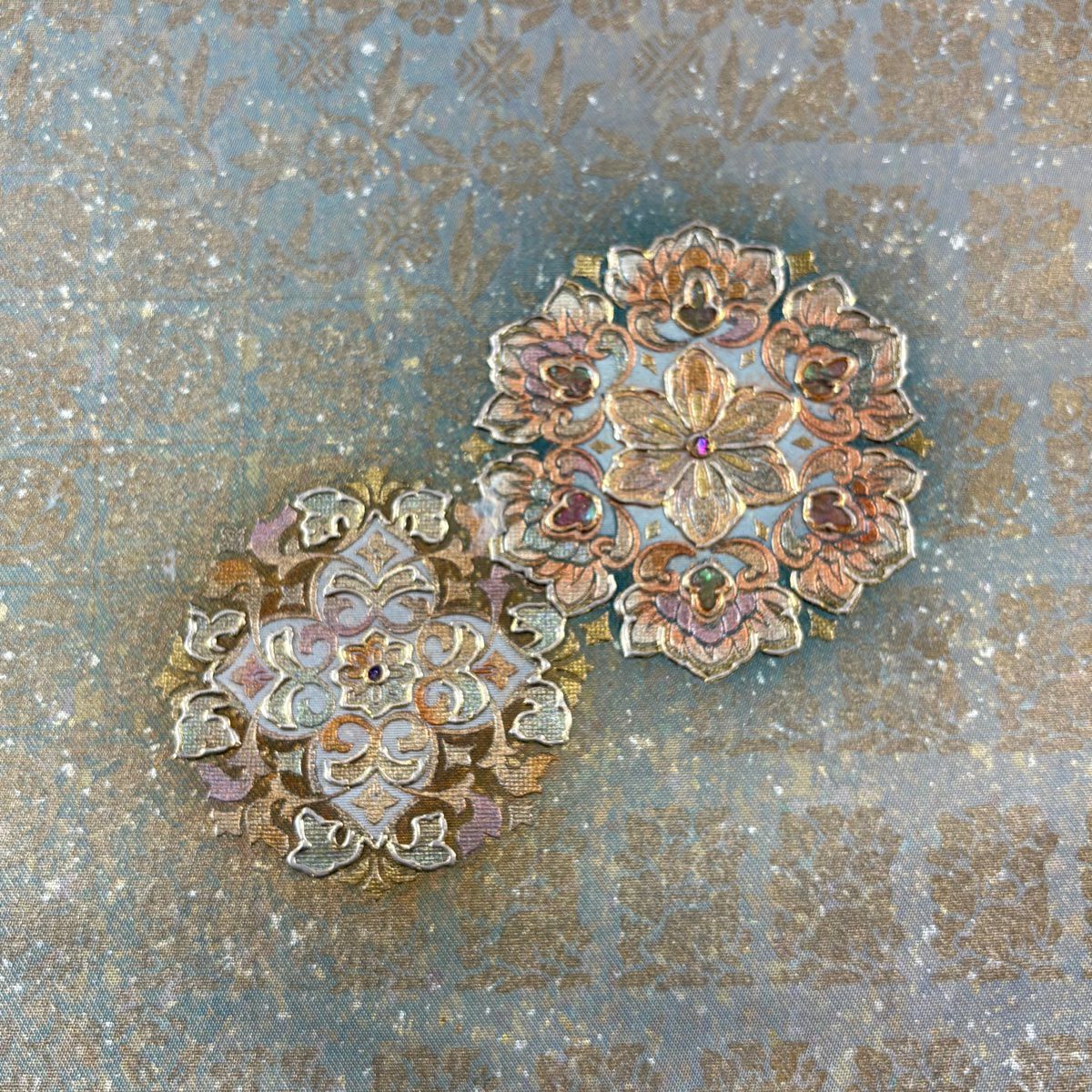 【美品】 開口名古屋帶 優品級 華紋 金銀彩 螺鈿 灰綠 純蠶絲