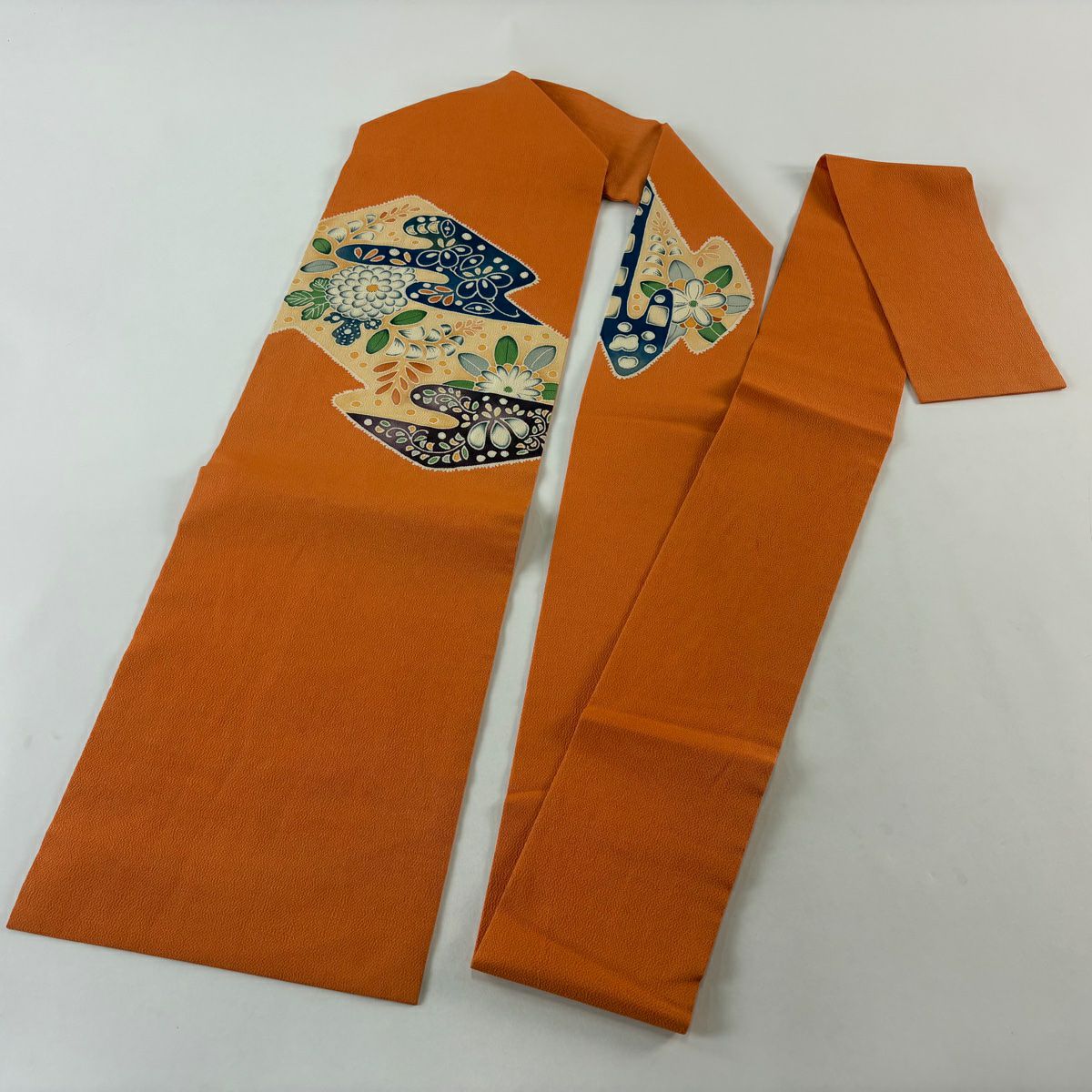 名古屋帶 秀品級 草花紋紋 霞 縮緬 橙色 純蠶絲
