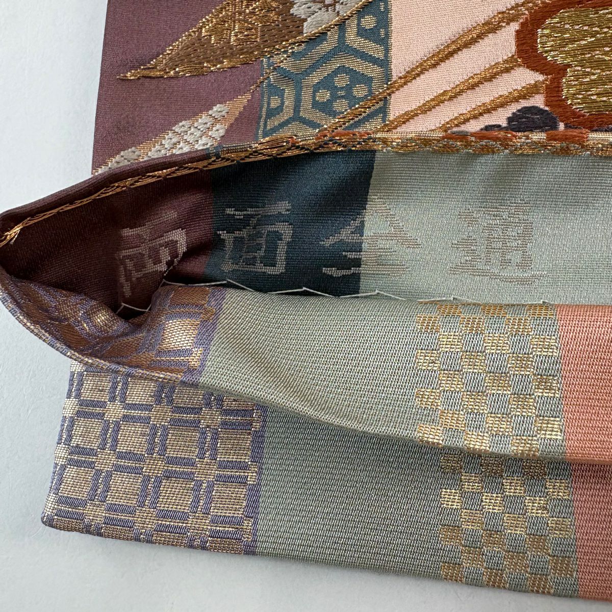 袋帶 秀品級 草花紋紋 源氏香 唐織 金絲 灰綠 六通 純蠶絲