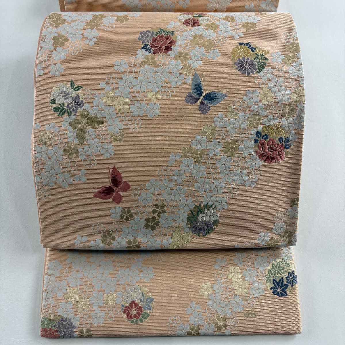 【美品】 袋帶 秀品級 草花紋紋 蝶 金通 唐織 薄粉紅 六通 純蠶絲