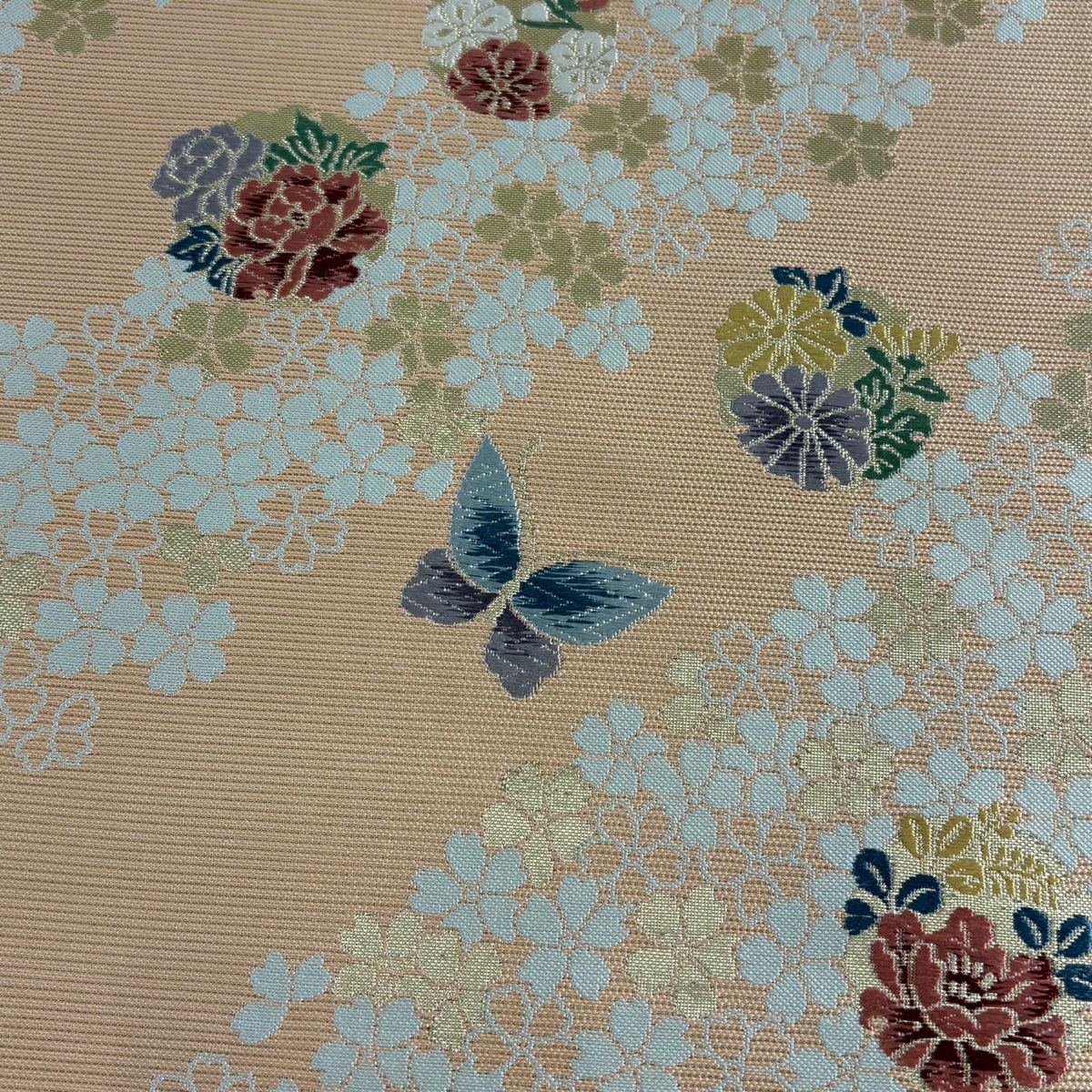 【美品】 袋帶 秀品級 草花紋紋 蝶 金通 唐織 薄粉紅 六通 純蠶絲