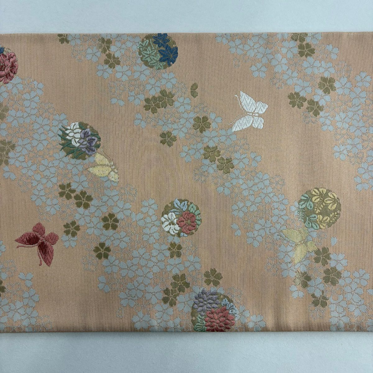 【美品】 袋帶 秀品級 草花紋紋 蝶 金通 唐織 薄粉紅 六通 純蠶絲