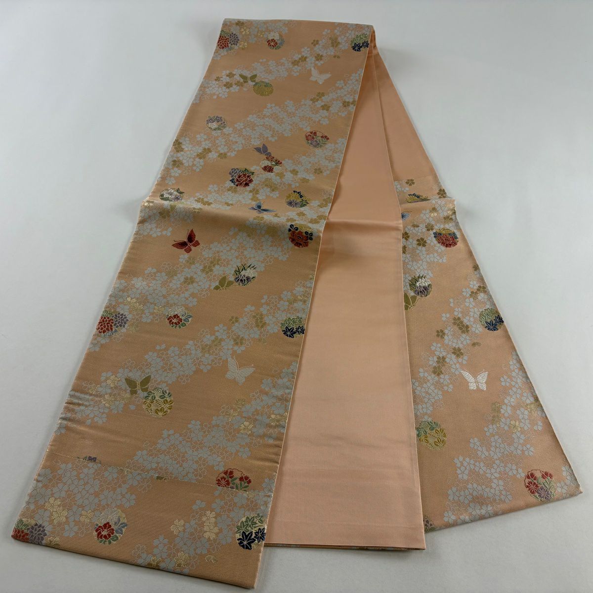 【美品】 袋帶 秀品級 草花紋紋 蝶 金通 唐織 薄粉紅 六通 純蠶絲
