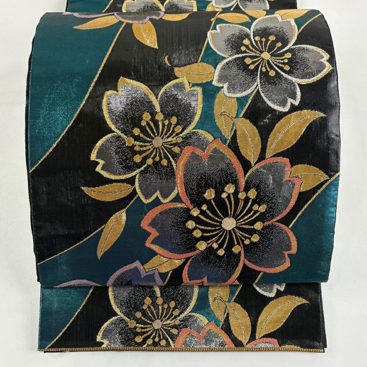 【美品】 袋帶 秀品級 振袖禮服禮服用 櫻花 金金箔 青綠 六通 純蠶絲