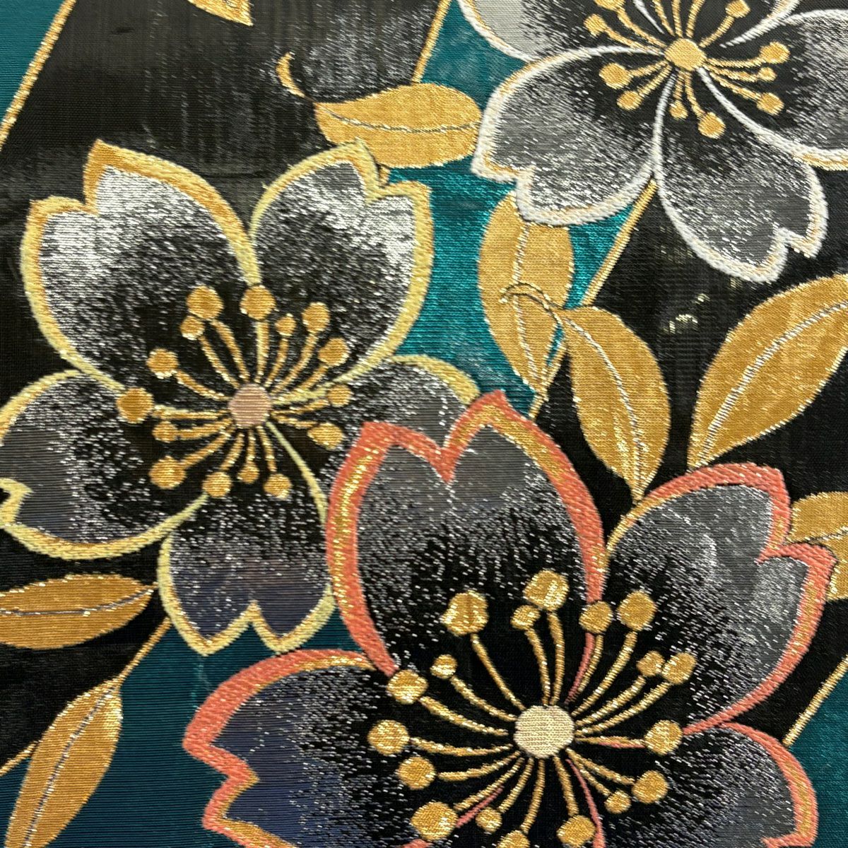 【美品】 袋帶 秀品級 振袖禮服禮服用 櫻花 金金箔 青綠 六通 純蠶絲