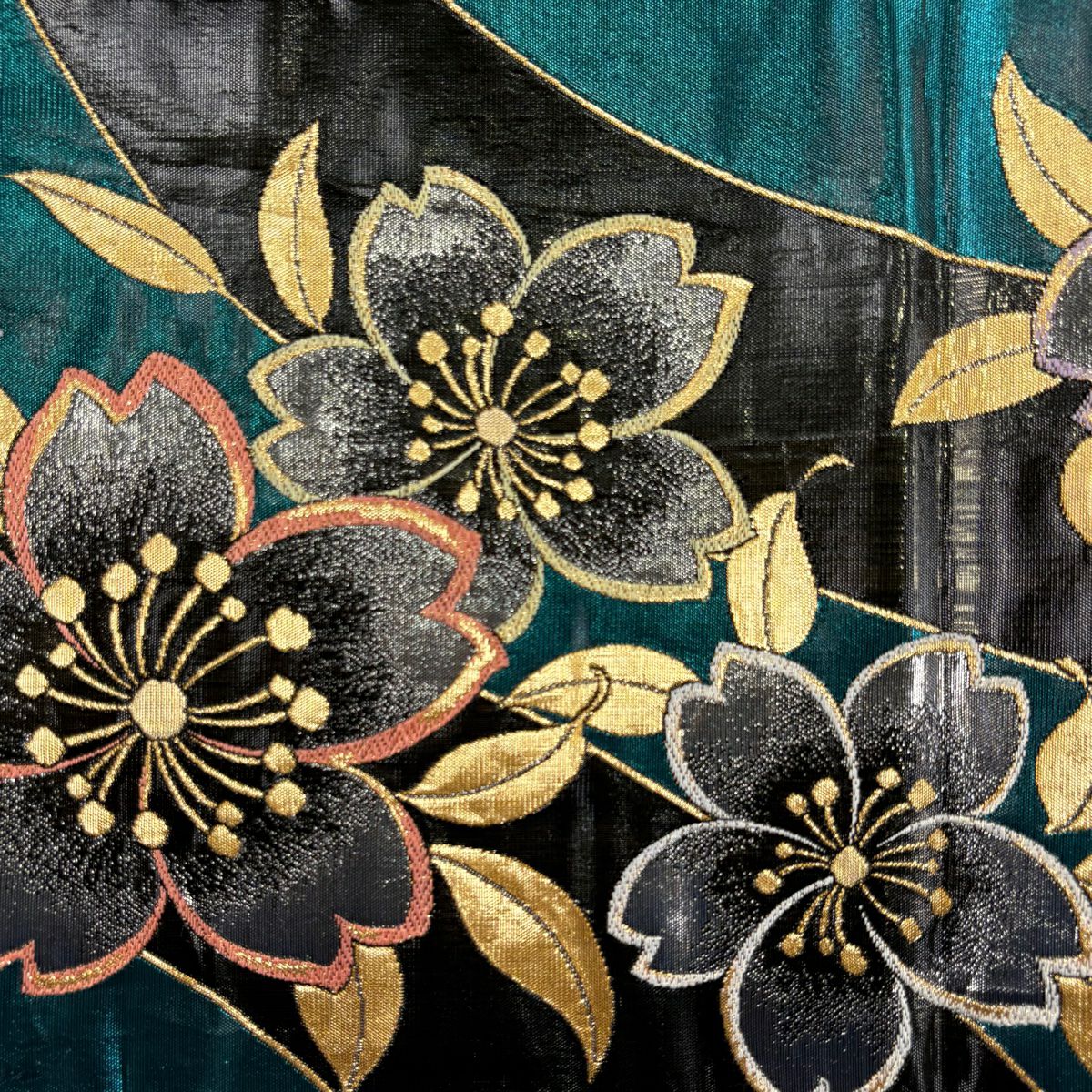 【美品】 袋帶 秀品級 振袖禮服禮服用 櫻花 金金箔 青綠 六通 純蠶絲