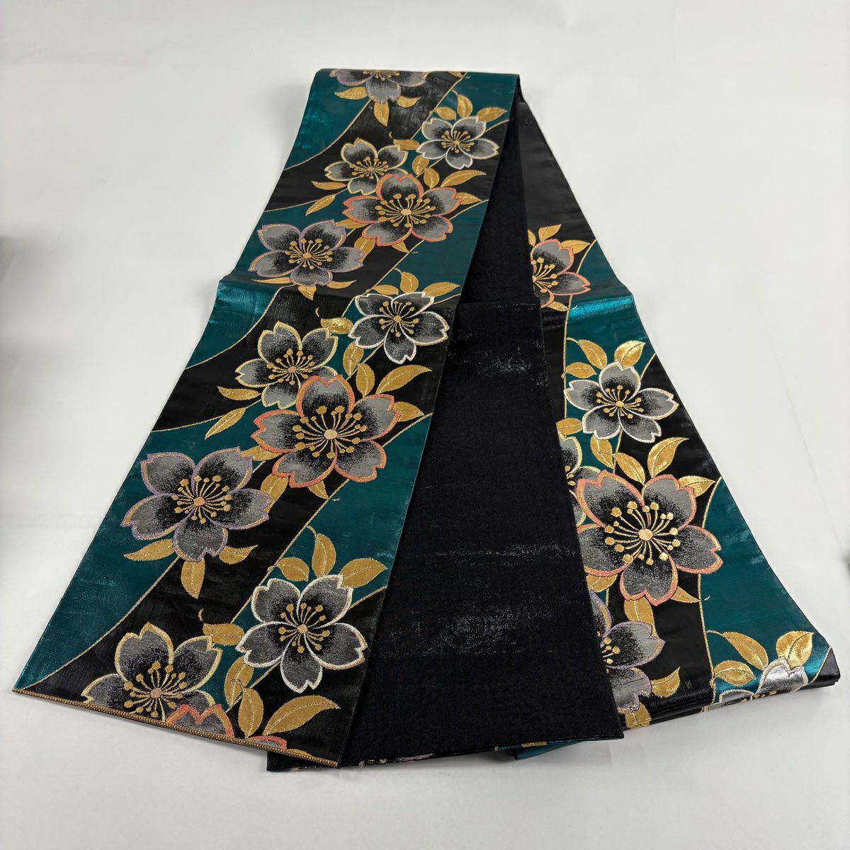【美品】 袋帶 秀品級 振袖禮服禮服用 櫻花 金金箔 青綠 六通 純蠶絲