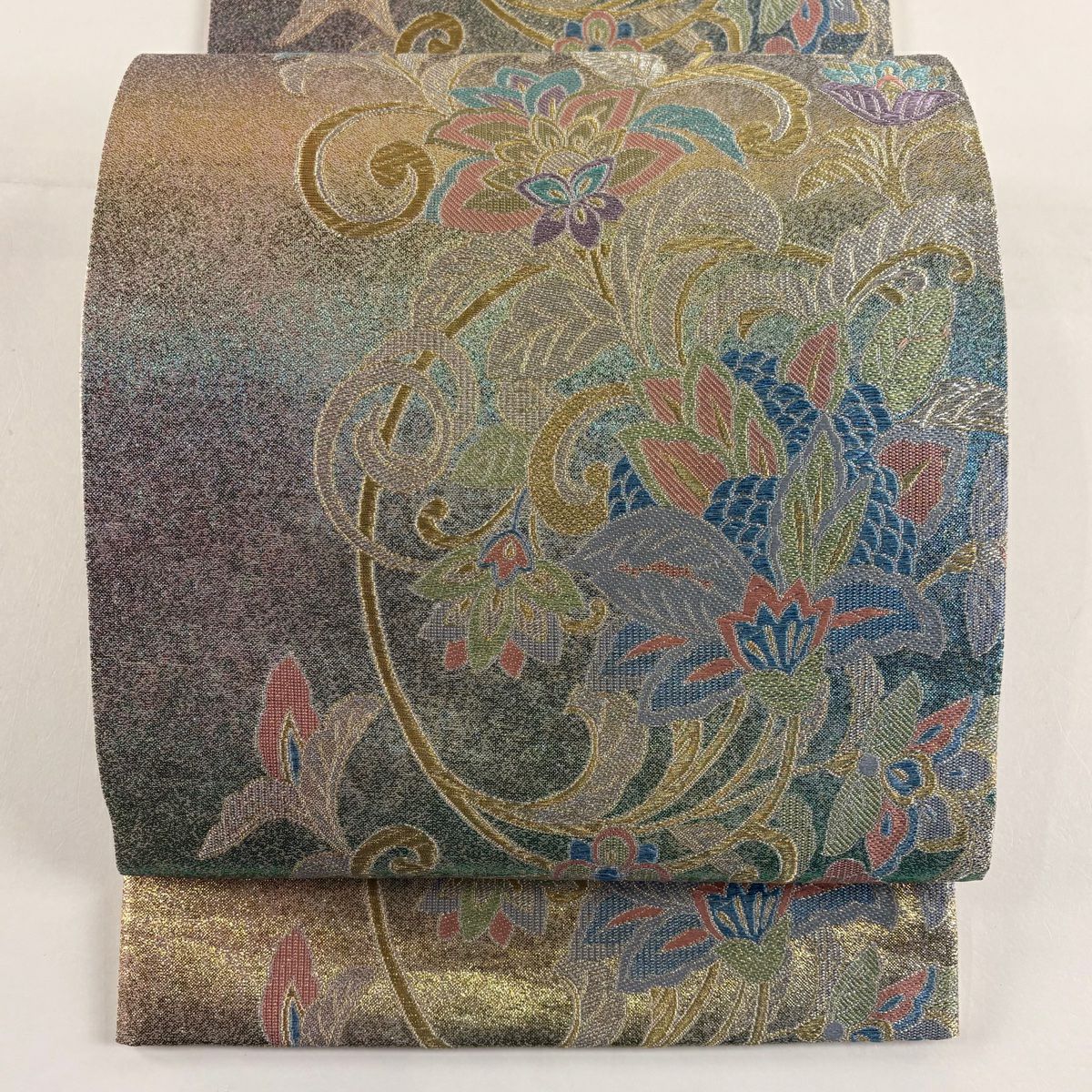 【美品】 袋帶 秀品級 振袖禮服禮服用 花唐草紋 更紗 金金箔 金銀彩 紫 六通 純蠶絲