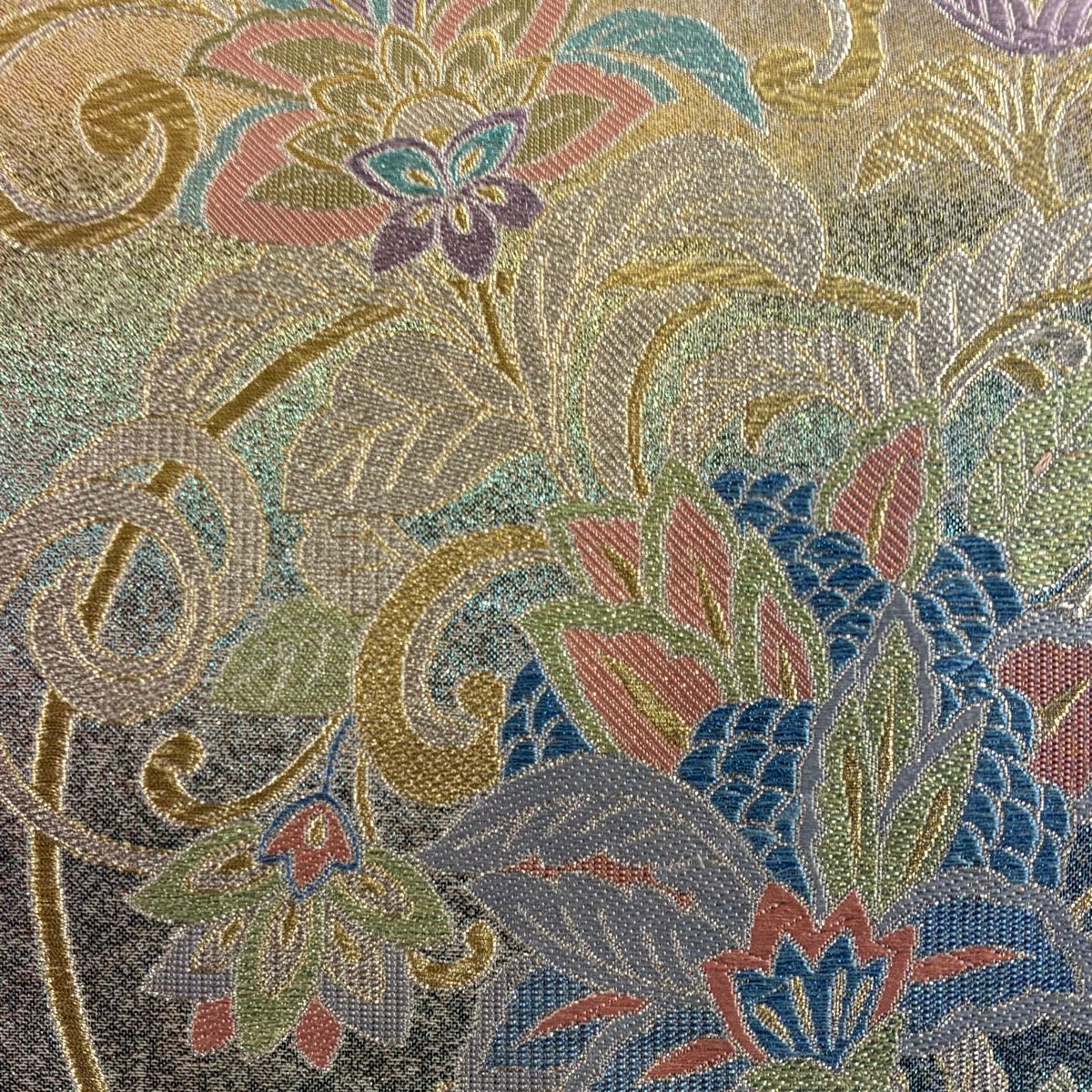 【美品】 袋帶 秀品級 振袖禮服禮服用 花唐草紋 更紗 金金箔 金銀彩 紫 六通 純蠶絲