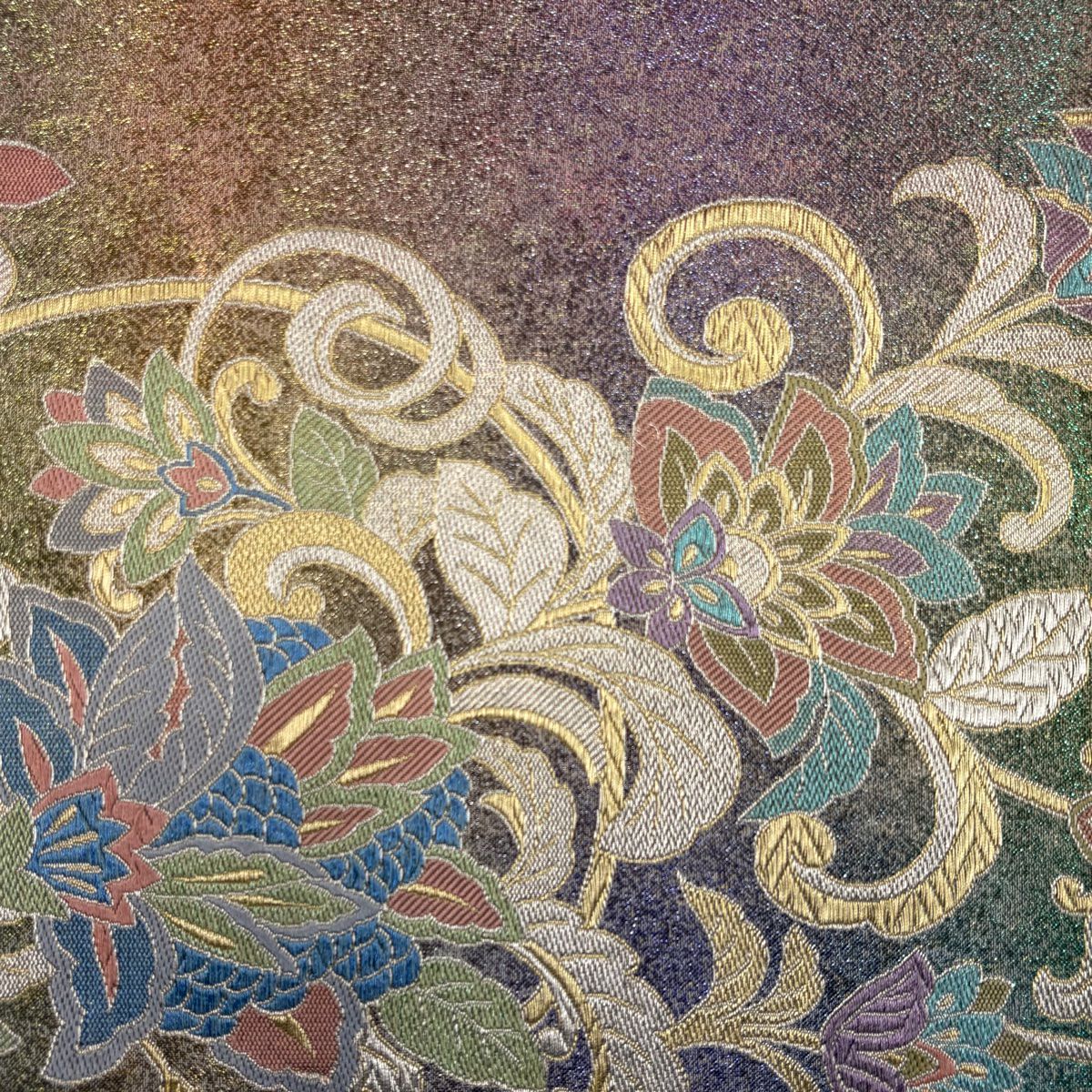 【美品】 袋帶 秀品級 振袖禮服禮服用 花唐草紋 更紗 金金箔 金銀彩 紫 六通 純蠶絲