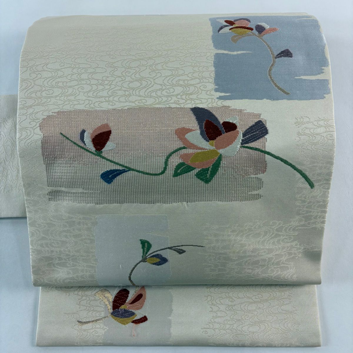 名古屋帶 秀品級 破裂色紙 草花紋紋 金金箔 刺繡 米色 純蠶絲